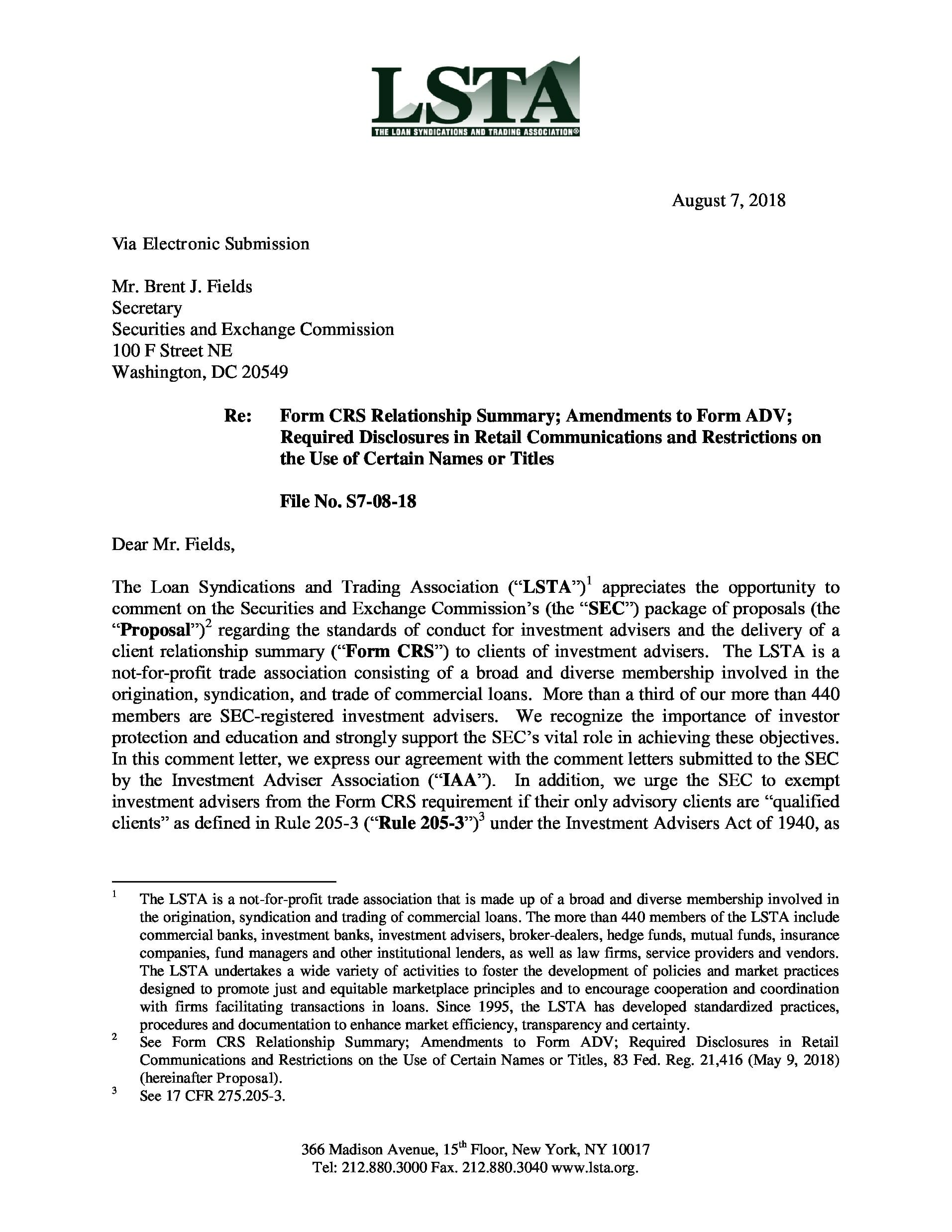 Comment Letter On Sec Fiduciary Proposal Lsta