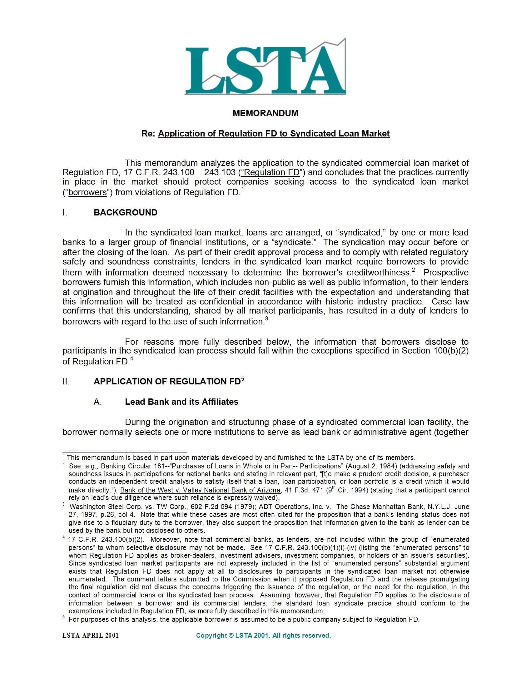 Memo Regarding Regulation FD - LSTA