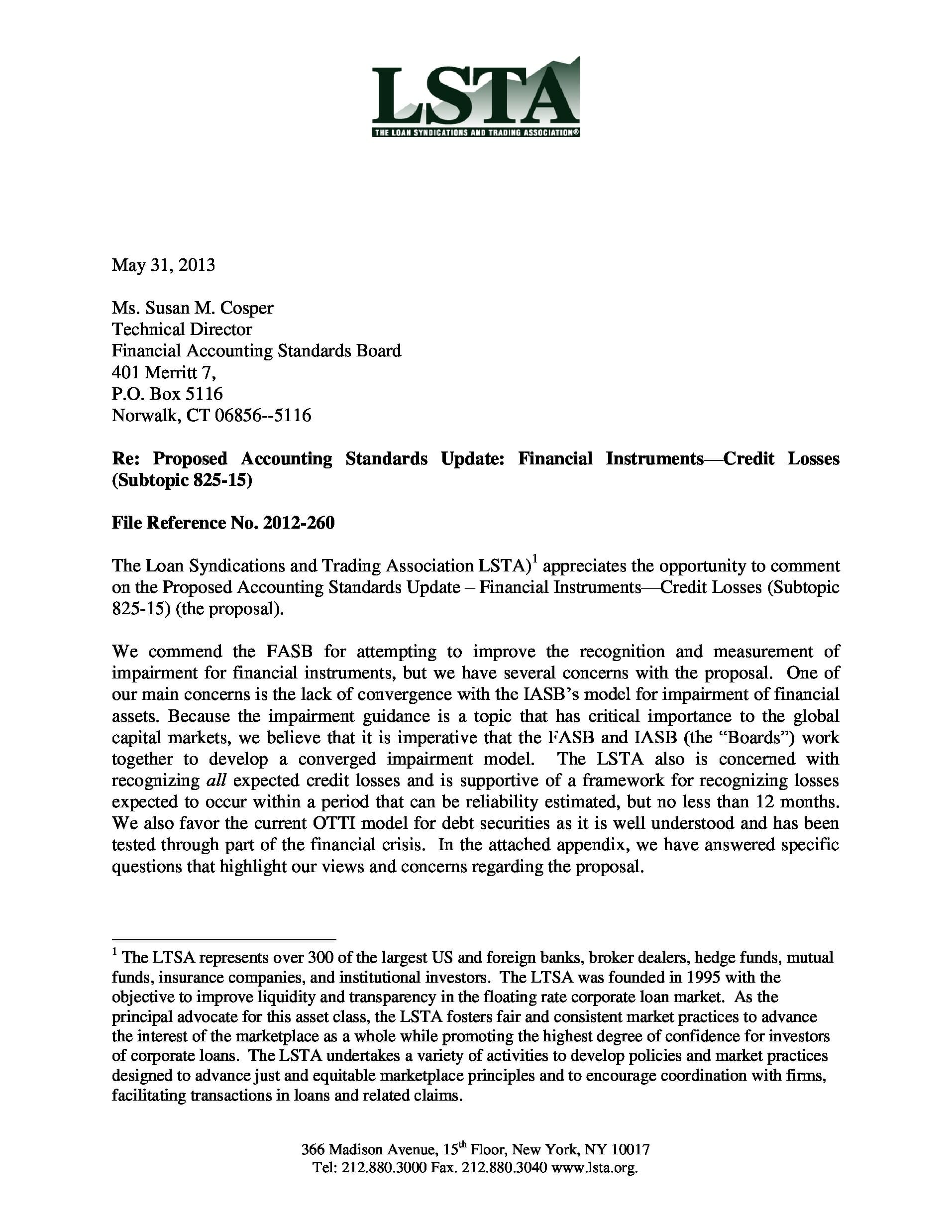 Lsta Submits Comment Letter On Fasbs Proposed Accounting Standards Update Financial 1964