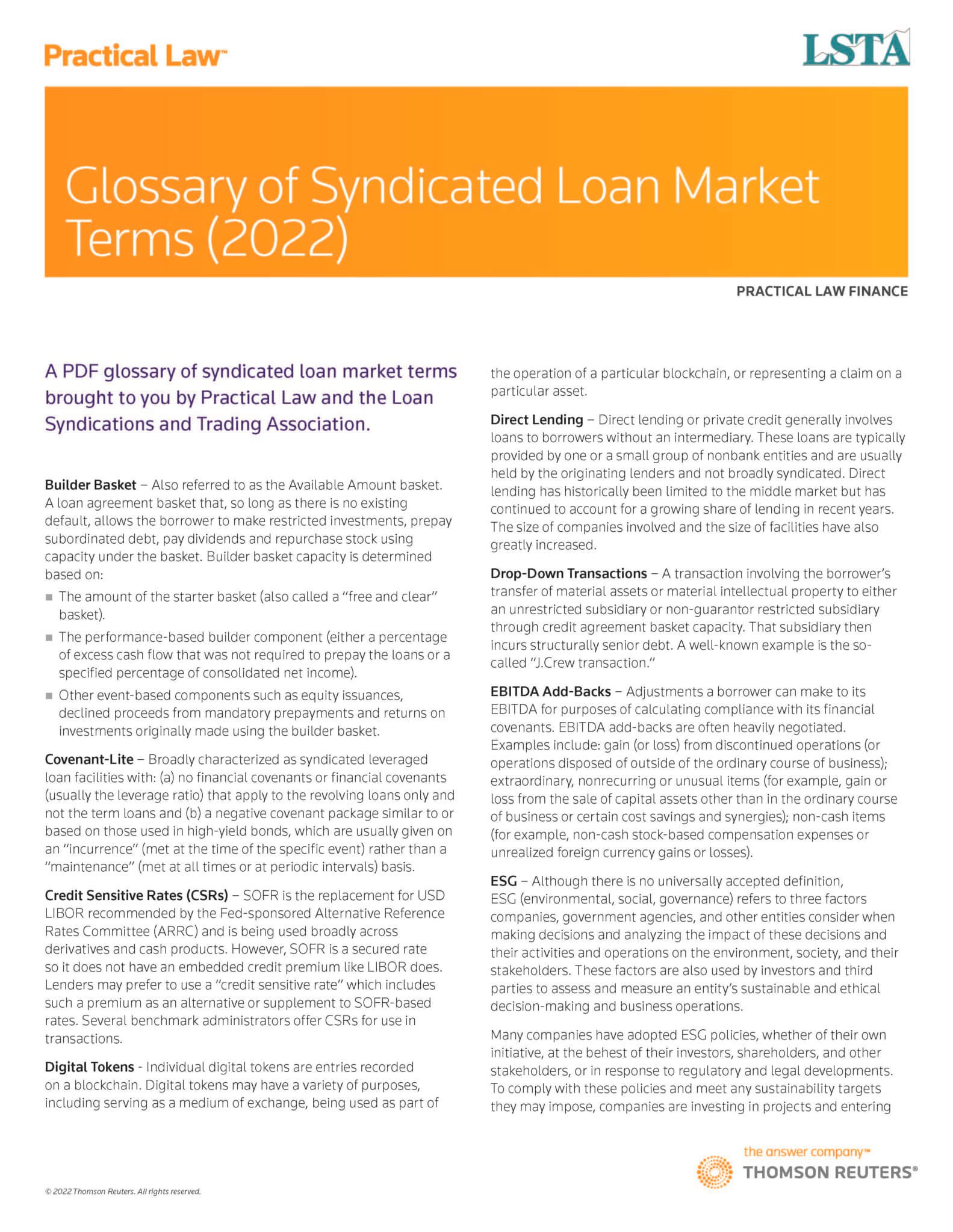 Glossary of Syndicated Loan Market Terms LSTA