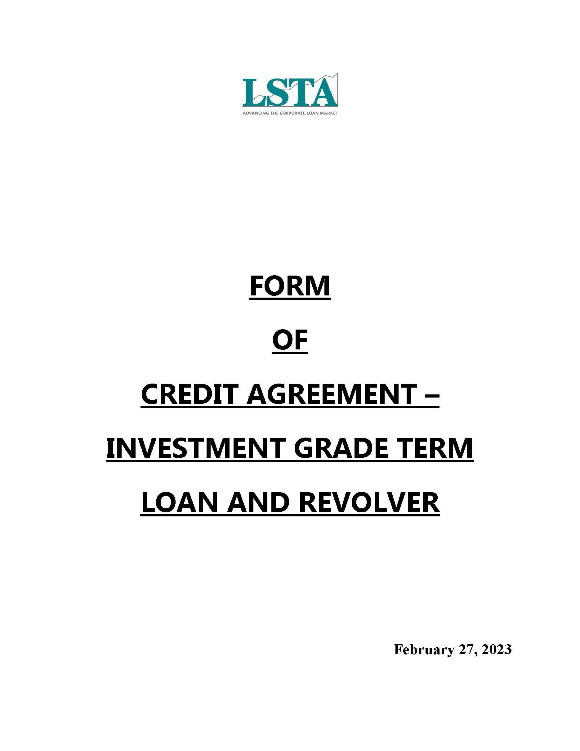 Form of Credit Agreement Investment Grade Term Loan and Revolver