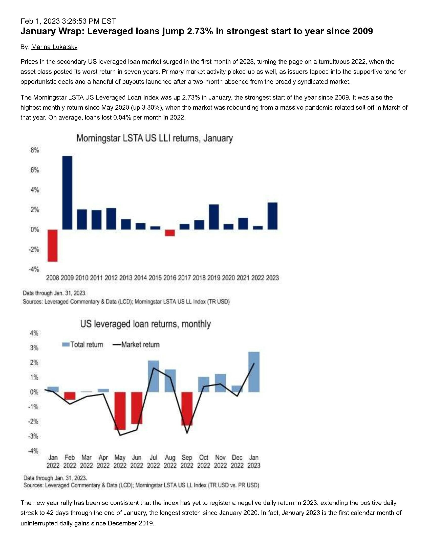 Morningstar LSTA Leveraged Loan Index Analysis (Jan 2023) - LSTA