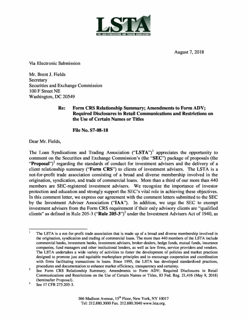 Comment Letter on SEC Fiduciary Standard Proposal LSTA