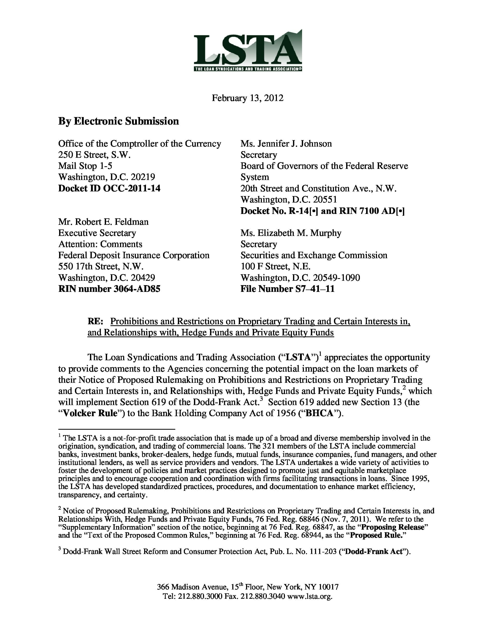 Submits Comment Letter On Volcker Rule Proposal Lsta